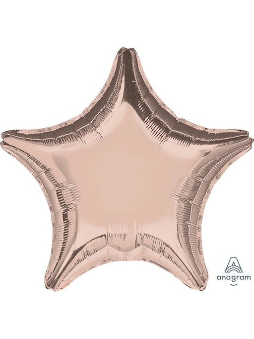 Rose gold star-shaped mylar balloon with metallic edges and a light pink center, featuring textured ribbing along the points.