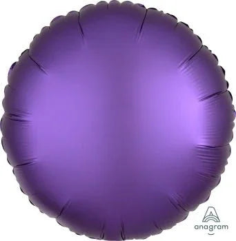 Purple satin round mylar balloon with a shiny finish and sealed edges, approximately 18 inches in diameter.