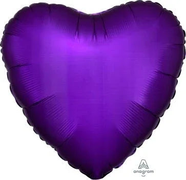 Purple satin heart-shaped foil balloon with a lustrous finish and dark ribbed edges, approximately 18 inches in size.