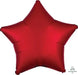 Deep red satin star-shaped foil balloon with five points and a metallic sheen against a white background.