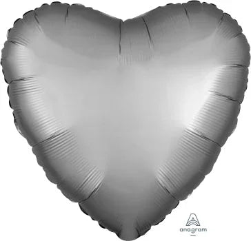 Silver satin heart-shaped foil balloon with a luxe matte finish and subtle sheen throughout.