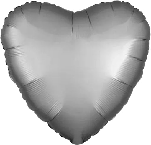 Silver satin heart-shaped foil balloon with a luxe matte finish and subtle sheen throughout.