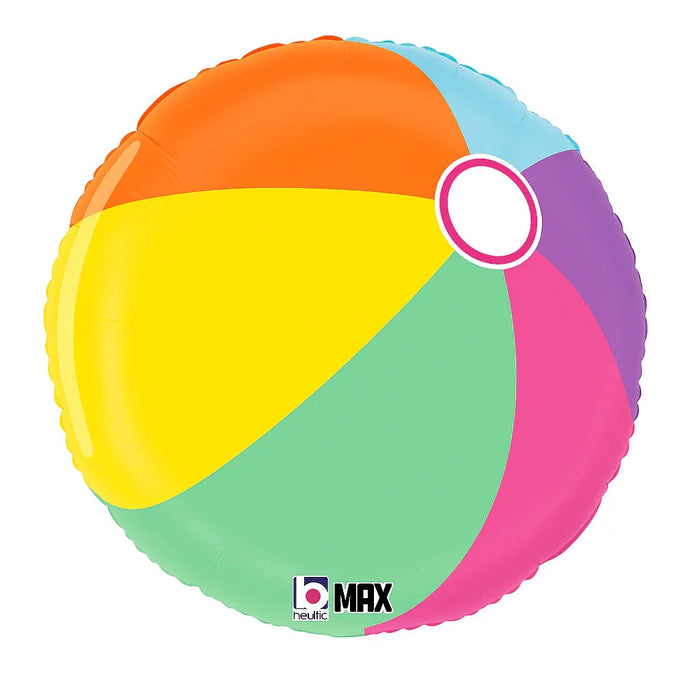 Colorful round mylar balloon featuring sections of orange, yellow, mint green, hot pink, light blue, and purple with a pink circle handle at the top.