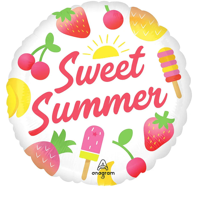 White round foil balloon decorated with colorful summer fruits including strawberries, cherries, lemons, and popsicles arranged around "Sweet Summer" text with a yellow sun in the center.