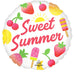 White round foil balloon decorated with colorful summer fruits including strawberries, cherries, lemons, and popsicles arranged around "Sweet Summer" text with a yellow sun in the center.