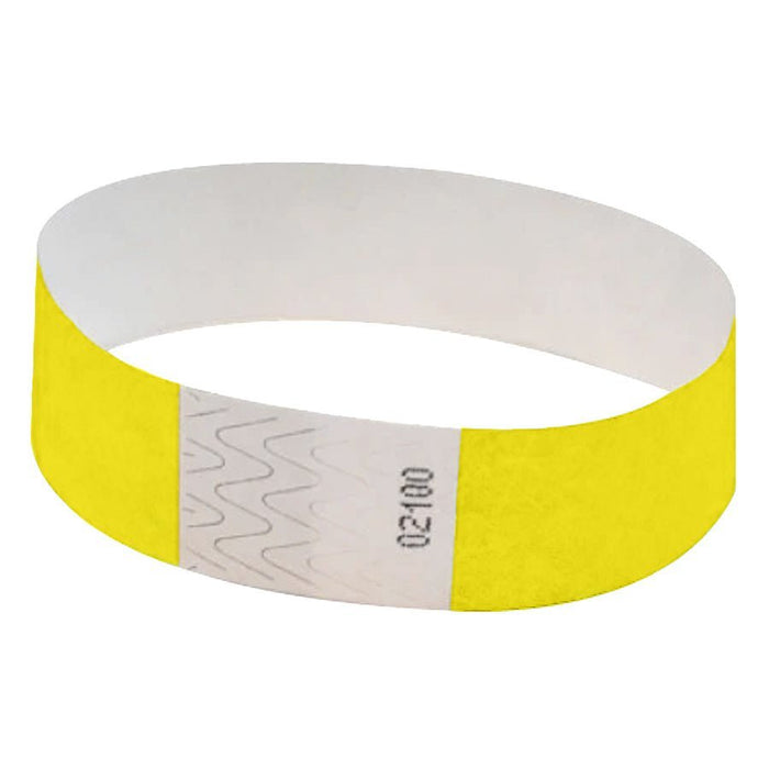 Yellow Tyvek wristband with white adhesive closure strip and printed security pattern, shown as a single band unrolled against a white background.