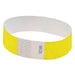 Yellow Tyvek wristband with white adhesive closure strip and printed security pattern, shown as a single band unrolled against a white background.