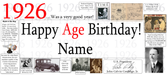A collage-style birthday banner or print featuring the large text 'Happy Age Birthday!' with 'Age' in red, plus '1926' in red at the top left. The design includes multiple small black-and-white historical photos, newspaper clippings, and text references from 1926, such as Edison, Ford, Time magazine, and U.