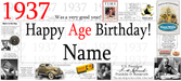 A customizable 1937 age birthday banner template featuring retro-themed graphics, vintage newspaper clippings, a classic car, and text placeholders for the year '1937' and the name 'Name'.
