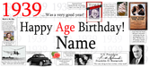 A digital graphic template for a custom 1939 age birthday book cover, featuring a retro 1939 theme with red and black text, historical photos, a vintage car, and a watercolor portrait placeholder.