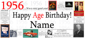 A novelty birthday print or poster celebrating 1956 as 'Was a very good year!' with the text 'Happy Age Birthday! Name:' in large black and red lettering. The design includes multiple small historical photos, quotes, and graphics from around the year 1956, such as Time magazine, the Olympics, a red car, and Dwight D.