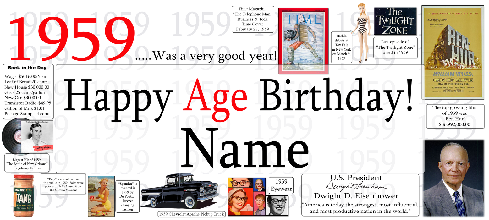 A personalized 1959 birthday banner template featuring a retro newspaper collage layout. The design includes the text '1959 .