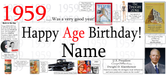 A personalized 1959 birthday banner template featuring a retro newspaper collage layout. The design includes the text '1959 .