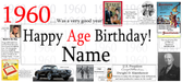 A novelty birthday banner print featuring the text 'Happy Age Birthday! Name' with '1960' in large red font at the top left. The design includes small historical photos, text boxes, a vintage car, and other 1960s-themed graphics on a white background.