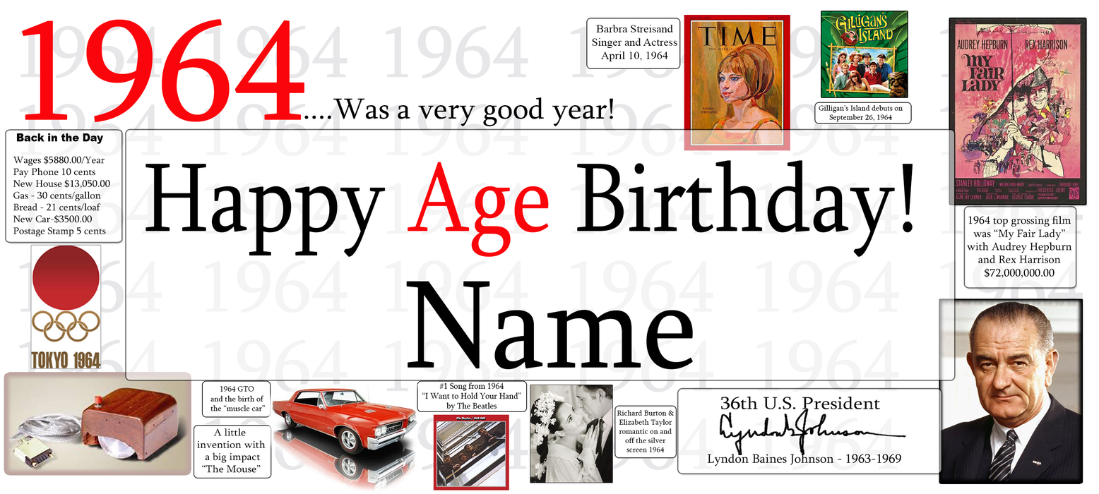A collage-style birthday print for turning 1964, with large red and black text reading '1964 Happy Age Birthday! Name,' plus small historical photos, book covers, a car, and other vintage-themed graphics.