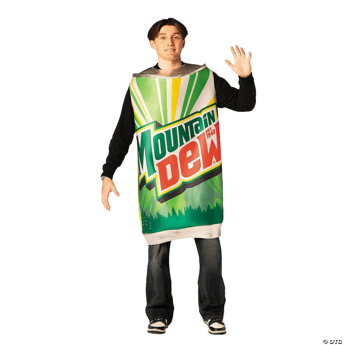 Man wearing a tunic costume designed to look like a Mountain Dew can, featuring green and yellow radiating stripes, red text logo, and forest silhouette at the bottom, paired with black long sleeves and dark jeans.