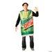 Man wearing a tunic costume designed to look like a Mountain Dew can, featuring green and yellow radiating stripes, red text logo, and forest silhouette at the bottom, paired with black long sleeves and dark jeans.