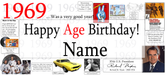 A personalized age birthday banner template for 1969, featuring large red and black text reading 'Happy Age Birthday! Name' on a white background, surrounded by small historical photos, quotes, and a yellow car graphic.