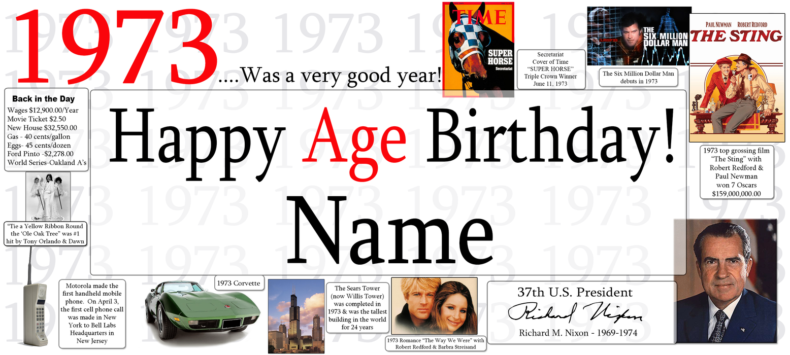 A novelty banner or print featuring the text '1973 .