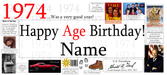 A novelty birthday print or poster celebrating 1974 as a 'very good year!' with large text reading 'Happy Age Birthday! Name' and multiple small historical and cultural images around the border, including a Time magazine cover, a red car, a boot, and portraits.