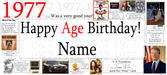 A personalized 1977 birthday banner or print featuring the text 'Happy Age Birthday! Name' with various small historical and cultural images and text bubbles along the sides and bottom, including a TIME magazine cover, Jimmy Carter, a car, and a computer.
