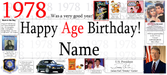 A novelty birthday banner or poster celebrating 1978 age birthday, featuring large red and black text, a blank name field, and multiple small inset images and trivia panels including movie posters, a car, Jimmy Carter, and historical photos.