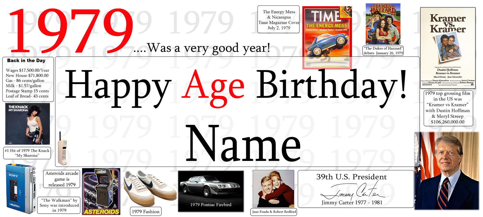 A collage-style birthday banner graphic for turning 1979, with large red and black text reading '1979 .