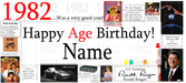 A collage-style birthday template for turning 1982, featuring large red and black text reading '1982.