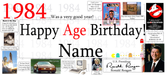 A personalized 1984 age birthday banner template featuring red and black text, various pop culture and historical images, and editable name fields.