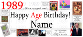 A personalized 1989 age birthday banner template featuring large text reading '1989 .