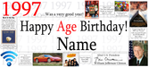 A novelty 1997 age birthday banner print featuring the text 'Happy Age Birthday! Name' in large black and red lettering, surrounded by various pop culture, historical, and automotive trivia images and text snippets.