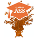 Orange graduation cap centerpiece spray with bronze foil leaves and stars, featuring "Class of 2026" text on the cap, mounted on a stick with bronze ribbon base.