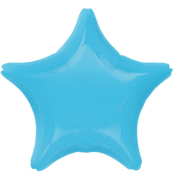 Bright turquoise blue star-shaped mylar balloon with five pointed arms and subtle shading details on the surface.