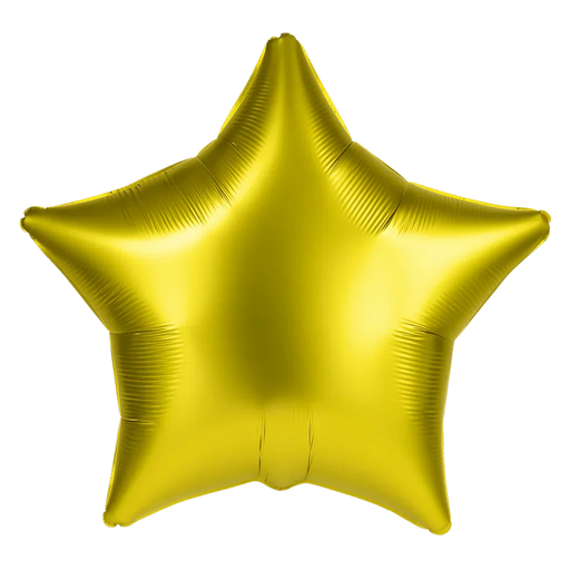 Bright yellow satin finish star-shaped mylar balloon with five points and reflective creases throughout the surface.