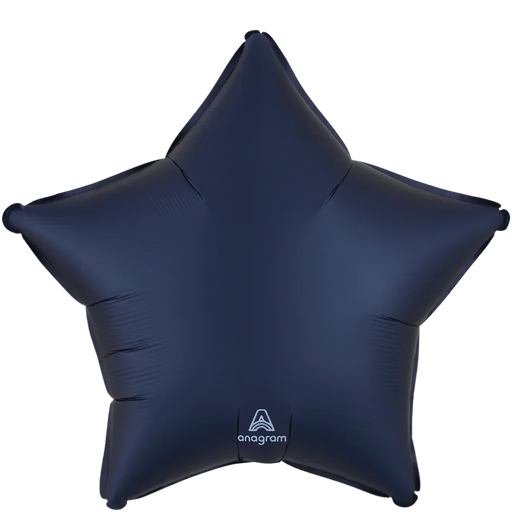 Dark navy blue satin star-shaped foil balloon with rounded points and an Anagram logo visible at the bottom center.
