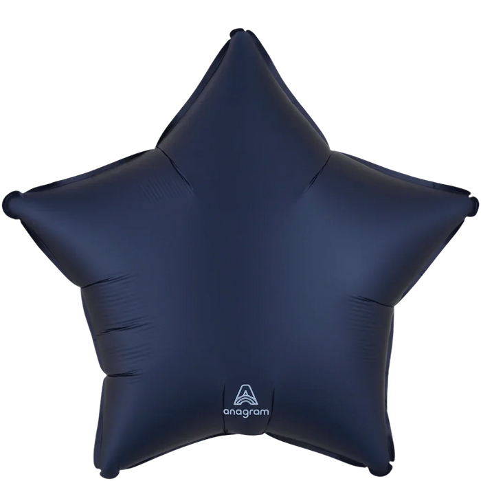 Dark navy blue satin star-shaped foil balloon with rounded points and an Anagram logo visible at the bottom center.