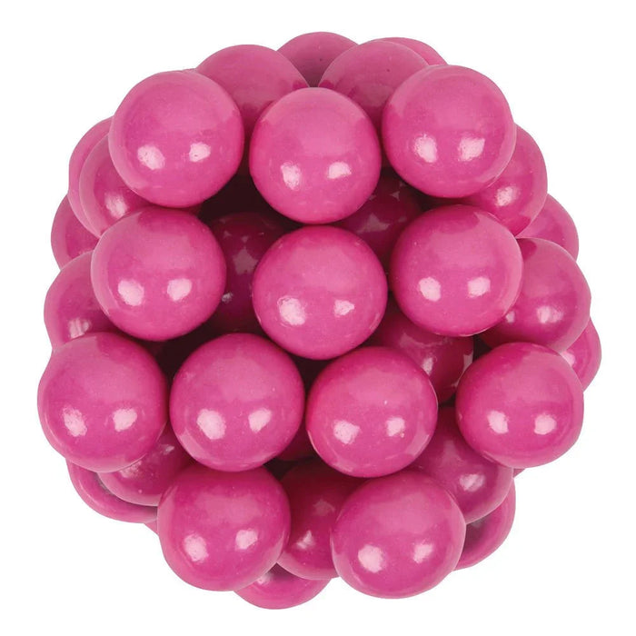 Pile of approximately 50 bright pink glossy gumballs with white highlights, arranged in a clustered mound against a white background.