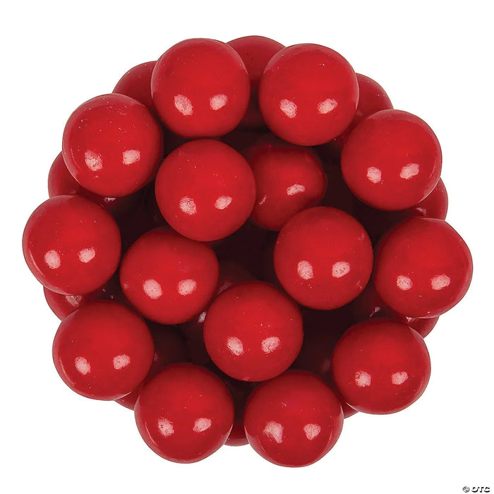 Cluster of approximately 20 bright red glossy gumballs, each one inch in diameter, arranged in a rounded pile against a white background.