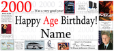 A collage-style digital graphic celebrating a 2000 age birthday with the text 'Happy Age Birthday! Name' in large black and red lettering. The design includes small inset images and text about various topics, such as books, cars, technology, and historical figures, arranged around a gray background with a faint repeating watermark.
