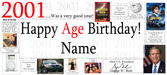 A personalized 2001 age birthday banner or print featuring the text 'Happy Age Birthday! Name' in large black and red font, with a light gray background and multiple small inset photos, book covers, and text references around the border.