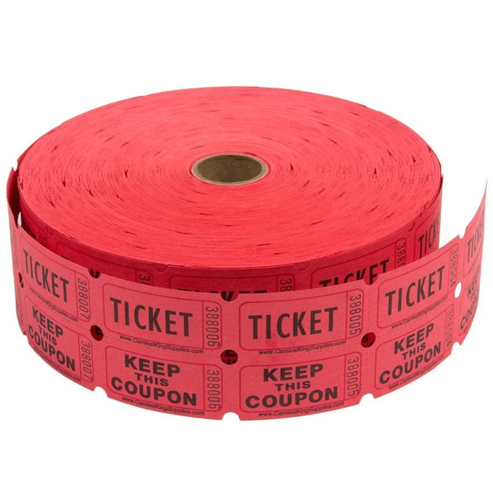 Roll of bright red perforated ticket paper with "TICKET" and "KEEP THIS COUPON" text printed in black, showing the spiral-wound roll and unrolled section.