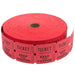 Roll of bright red perforated ticket paper with "TICKET" and "KEEP THIS COUPON" text printed in black, showing the spiral-wound roll and unrolled section.