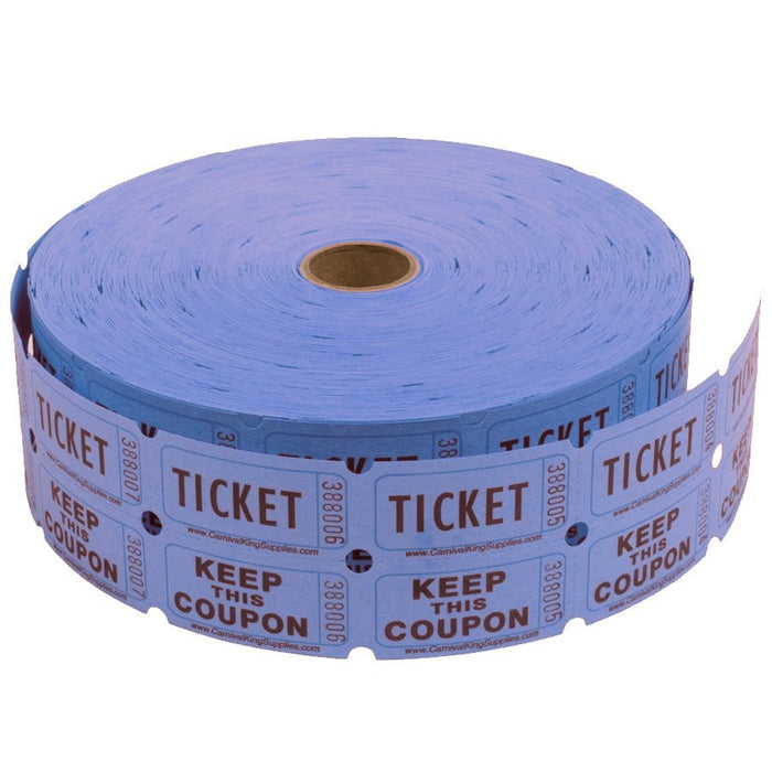 Roll of light blue perforated raffle tickets with brown text reading "TICKET" and "KEEP THIS COUPON" printed repeatedly, wound on a cardboard tube.