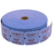 Roll of light blue perforated raffle tickets with brown text reading "TICKET" and "KEEP THIS COUPON" printed repeatedly, wound on a cardboard tube.