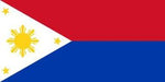 Philippine flag featuring a white triangle with a yellow sun and three stars on the left, and horizontal red and blue sections on the right, attached to a wooden stick.