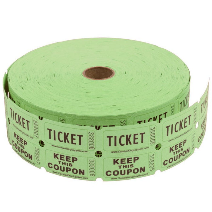 Roll of bright green perforated double tickets with "TICKET" and "KEEP THIS COUPON" text printed in dark brown, featuring sequential numbering and a cardboard tube center.