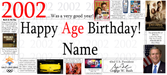A personalized 2002 age birthday banner or gift card design with large text reading 'Happy Age Birthday! Name' in black and red. The design includes small inset photos and text references to movies, books, Salt Lake City, the 2002 World Series, and George W.