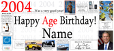 A personalized 2004 age birthday banner template featuring the text 'Happy Age Birthday! Name' in large black and red font, surrounded by small historical and cultural images and text related to the year 2004, including the Athens Olympics, stock footage, and George W. Bush.
