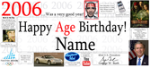 A novelty 2006 age birthday banner template featuring large text reading 'Happy Age Birthday! Name' with placeholder images of celebrities, cars, and logos, including Mario Lopez, Jim Jones, and George W. Bush.