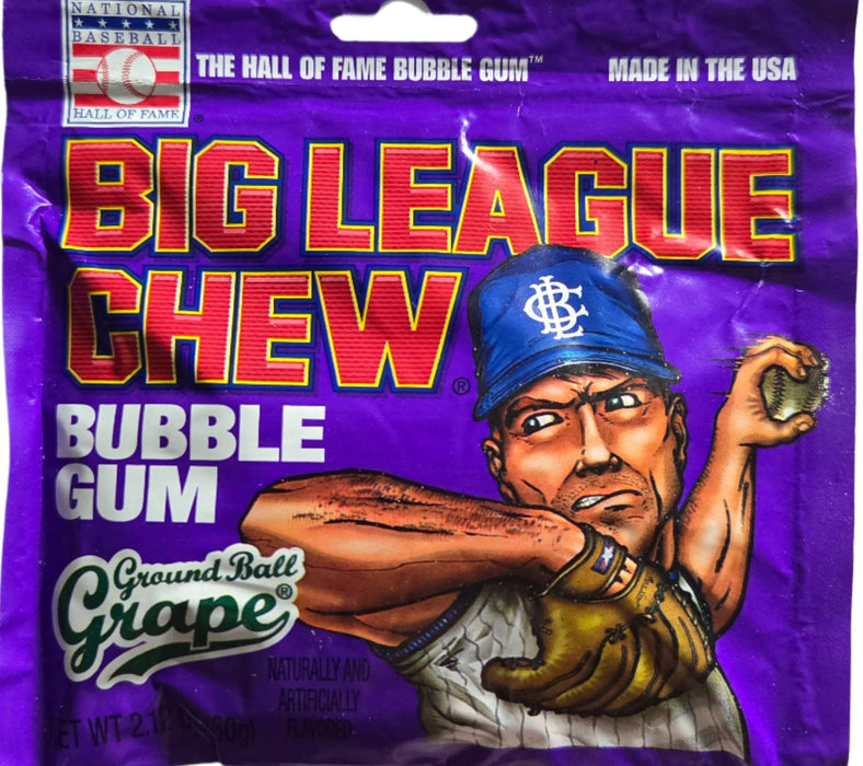 Big League Chew Ground Ball Grape Bubblegum: shredded bubble gum, purple in color. Sold in a 2.12 oz stand-up pouch, printed with the brand name and product.